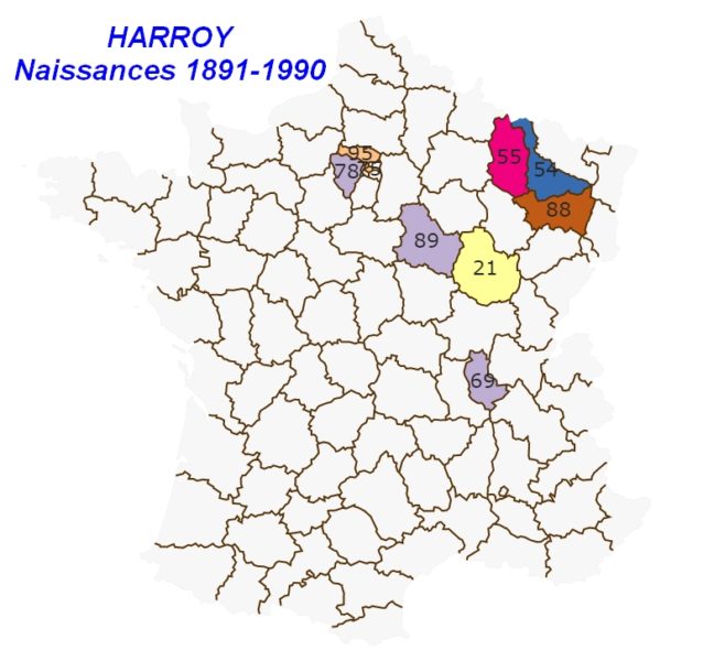 Carte des naissances HARROY de 1891 à 1990