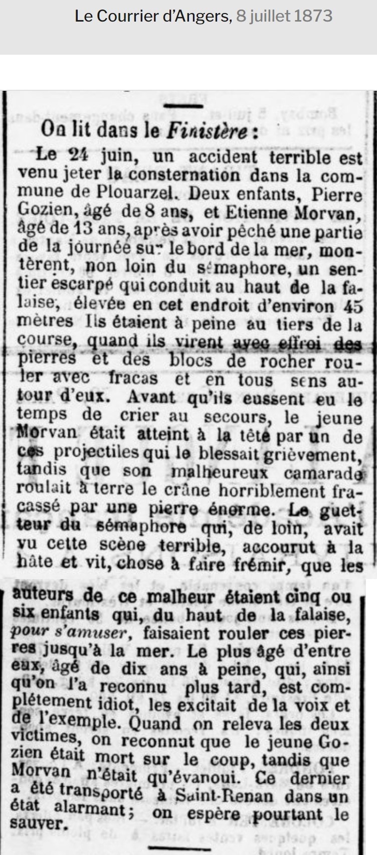 Presse Le Courrier d'Angers 1873-07-08 Accident MORVAN COZIEN